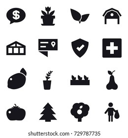 16 vector icon set : money message, flower, barn, greenhouse, first aid, seedling, pear, tomato, spruce, garden, trash