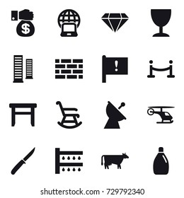 16 vector icon set : money gift, notebook globe, diamond, wineglass, skyscrapers, brick wall, vip fence, stool, rocking chair, satellite antenna, knife, watering, cow, cleanser