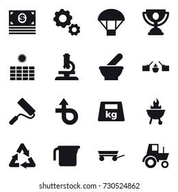 16 vector icon set : money, gear, parachute, trophy, sun power, microscope, drawbridge, repair, bbq, measuring cup, trailer, tractor