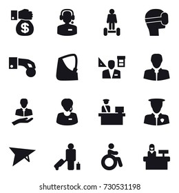 16 vector icon set : money gift, call center, hoverboard, virtual mask, hand coin, architector, deltaplane, passenger, invalid, reception