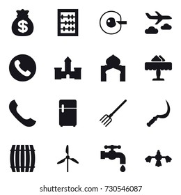 16 vector icon set : money bag, abacus, cell corection, journey, phone, castle, minaret, restaurant, fork, sickle, barrel, windmill, water tap, hard reach place cleaning