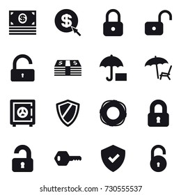 16 vector icon set : money, dollar arrow, lock, unlock, lounger, safe, shield, lifebuoy, locked, unlocked, key