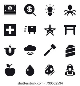 16 vector icon set : money, dollar arrow, bulb, virus, starfish, stool, meat hammer, apple, drop, microb, cleaner