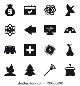 16 vector icon set : money bag, calendar, atom, satellite antenna, left arrow, dome house, stadium, first aid, pear, sprouting, spruce, rake, hanger