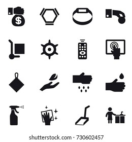 16 vector icon set : money gift, hex molecule, smart bracelet, hand coin, cargo stoller, handwheel, remote control, rag, hand leaf, sow, hand drop, sprayer, wiping, scoop, kitchen cleaning