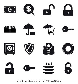16 vector icon set : money, dollar arrow, unlock, lock, lounger, key, safe, shield, life vest, lifebuoy, unlocked, plate washing