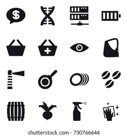16 vector icon set : money message, dna, server, battery, basket, add to basket, lighthouse, pan, coffee seeds, barrel, beet, sprayer, wiping