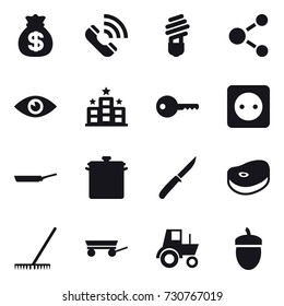 16 vector icon set : money bag, call, bulb, molecule, hotel, key, power socket, pan, knife, rake, trailer, tractor, acorn