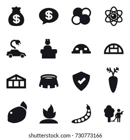 16 vector icon set : money bag, money message, atom core, atom, electric car, dome house, greenhouse, stadium, sprouting, peas, garden cleaning