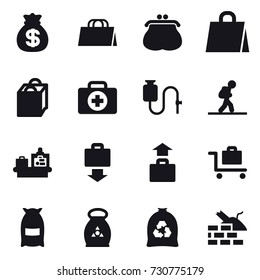 16 vector icon set : money bag, shopping bag, purse, tourist, baggage checking, baggage get, baggage, baggage trolley, flour, fertilizer, garbage bag, construct garbage