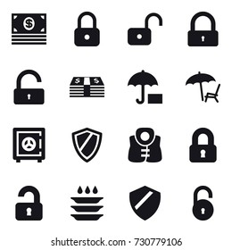 16 vector icon set : money, lock, unlock, lounger, safe, shield, life vest, locked, unlocked, plate washing