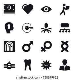 16 vector icon set : money, heart, eye, courier, bulb head, cell corection, virus, structure, fingerprint