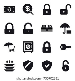 16 vector icon set : money, dollar arrow, lock, unlock, lounger, safe, locked, key, plate washing