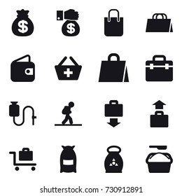 16 vector icon set : money bag, money gift, shopping bag, wallet, add to basket, tourist, baggage get, baggage, baggage trolley, flour, fertilizer, washing powder