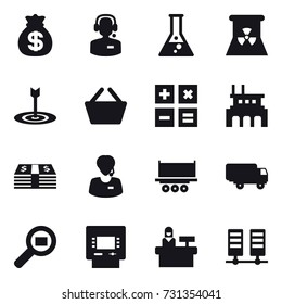 16 vector icon set : money bag, call center, flask, nuclear power, target, basket, calculator, factory, atm, reception
