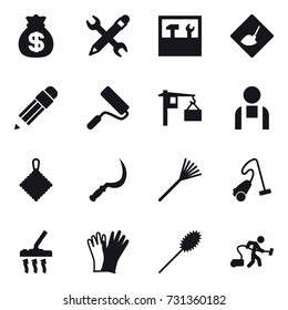 16 vector icon set : money bag, pencil wrench, tools, under construction, pencil, repair, rag, sickle, rake, vacuum cleaner, gloves, duster
