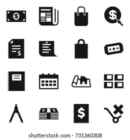 16 vector icon set : money, newspaper, shopping bag, dollar arrow, account balance, shopping list, ticket, copybook, calendar, project, panel house, drawing compass