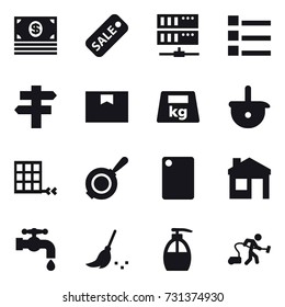 16 vector icon set : money, sale, server, list, singlepost, pan, cutting board, house, water tap, broom, liquid soap, vacuum cleaner