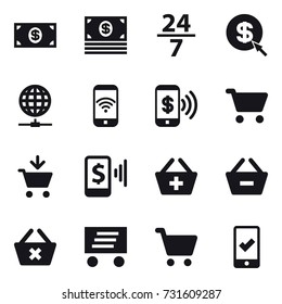16 vector icon set : money, 24/7, dollar arrow, globe connect, phone wireless, phone pay, cart, add to cart, mobile pay, add to basket, remove from basket, delete cart, delivery, mobile checking