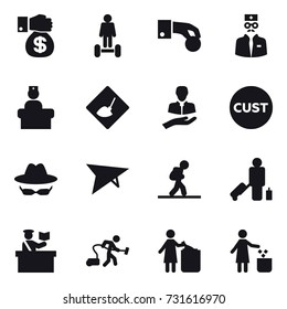 16 vector icon set : money gift, hoverboard, hand coin, under construction, deltaplane, tourist, passenger, inspector, vacuum cleaner, garbage bin