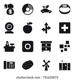 16 vector icon set : money gift, circle diagram, eco car, smart bracelet, web cam, first aid, reception, ring button, nightstand, windmill, clean  window