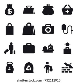 16 vector icon set : money bag, shopping bag, purse, add to basket, passenger, suitcase iocn, baggage checking, baggage, fertilizer, garbage bag, trash, construct garbage