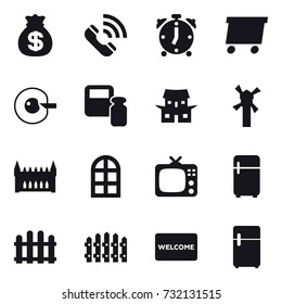 16 vector icon set : money bag, call, alarm clock, delivery, cell corection, scales weight, japanese house, windmill, gothic architecture, arch window, tv, fridge, fence, welcome mat