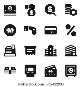 16 vector icon set : money, money gift, dollar arrow, virtual mining, crypto currency, hand coin, credit card, percent, cashbox, atm receipt, building, atm, safe