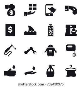 16 vector icon set : money gift, gift, touch, hand coin, shark flipper, remote control, coffee maker, hand drop, hand and drop, liquid soap, hanger