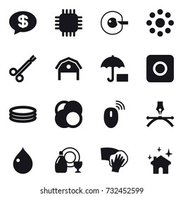 16 vector icon set : money message, chip, cell corection, round around, barn, ring button, inflatable pool, drop, dish cleanser, wiping, house cleaning