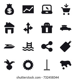 16 vector icon set : money bag, statistic, notebook, add to cart, home, car baggage, yacht, pool, cutting board, beet, sun, rake, spot