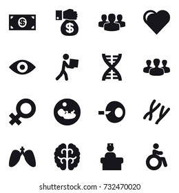16 vector icon set : money, money gift, group, heart, eye, courier, dna, invalid