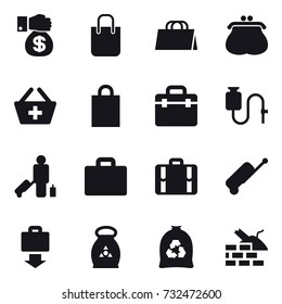 16 vector icon set : money gift, shopping bag, purse, add to basket, passenger, suitcase iocn, suitcase, baggage get, fertilizer, garbage bag, construct garbage