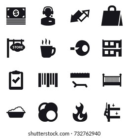 16 vector icon set : money, call center, up down arrow, shopping bag, store signboard, hot drink, modular house, lounger, crib, washing, skyscrapers cleaning
