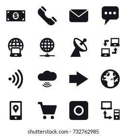 16 vector icon set : money, phone, mail, message, notebook globe, globe connect, satellite antenna, notebook connect, wireless, cloud wireless, right arrow, ring button