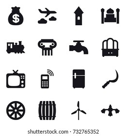16 vector icon set : money bag, journey, tower, minaret, train, antique column, water tap, dresser, tv, sickle, wheel, barrel, windmill, hard reach place cleaning