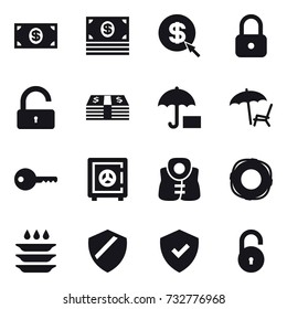16 vector icon set : money, dollar arrow, lock, unlock, lounger, key, safe, life vest, lifebuoy, plate washing