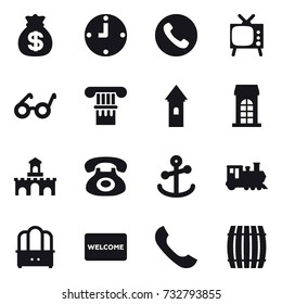 16 vector icon set : money bag, clock, phone, tv, column, tower, building, fort, train, dresser, welcome mat, barrel