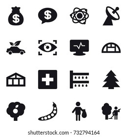 16 vector icon set : money bag, money message, atom, satellite antenna, eco car, eye identity, greenhouse, first aid, watering, spruce, garden, peas, trash, garden cleaning