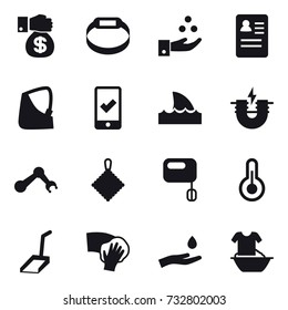 16 vector icon set : money gift, smart bracelet, chamical industry, mobile checking, shark flipper, rag, scoop, wiping, hand and drop, handle washing