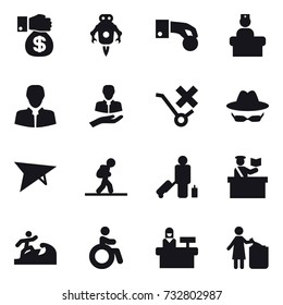 16 vector icon set : money gift, jet robot, hand coin, deltaplane, tourist, passenger, inspector, surfer, invalid, reception, garbage bin