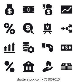 16 vector icon set : money bag, money, money gift, statistic, percent, dollar arrow, presentation, core splitting, graph up, virtual mining, hand coin, library, real estate