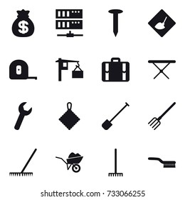 16 vector icon set : money bag, server, nail, under construction, measuring tape, suitcase, iron board, rag, shovel, fork, rake, wheelbarrow, brush