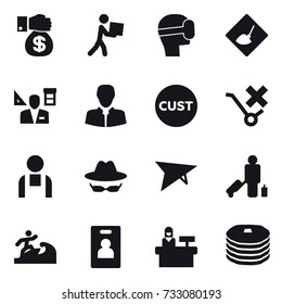 16 vector icon set : money gift, courier, virtual mask, under construction, architector, deltaplane, passenger, surfer, identity card, reception