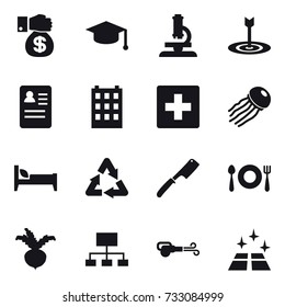 16 vector icon set : money gift, graduate hat, microscope, target, building, first aid, jellyfish, bed, chef knife, beet, hierarchy, blower, clean floor