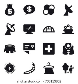 16 vector icon set : money bag, money message, atom core, satellite antenna, greenhouse, flower bed, stadium, first aid, life vest, peas, hanger, garden cleaning