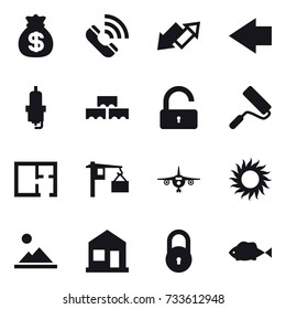 16 vector icon set : money bag, call, up down arrow, left arrow, spark plug, block wall, unlock, repair, plan, plane, sun, landscape, home