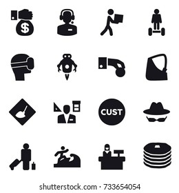 16 vector icon set : money gift, call center, courier, hoverboard, virtual mask, jet robot, hand coin, under construction, architector, passenger, surfer, reception