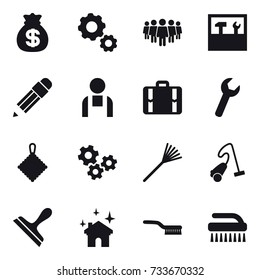 16 vector icon set : money bag, gear, team, tools, pencil, suitcase, rag, gears, rake, vacuum cleaner, scraper, house cleaning, brush