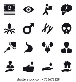 16 vector icon set : money, eye, courier, brain, virus, hand drop, hand and drop, housing